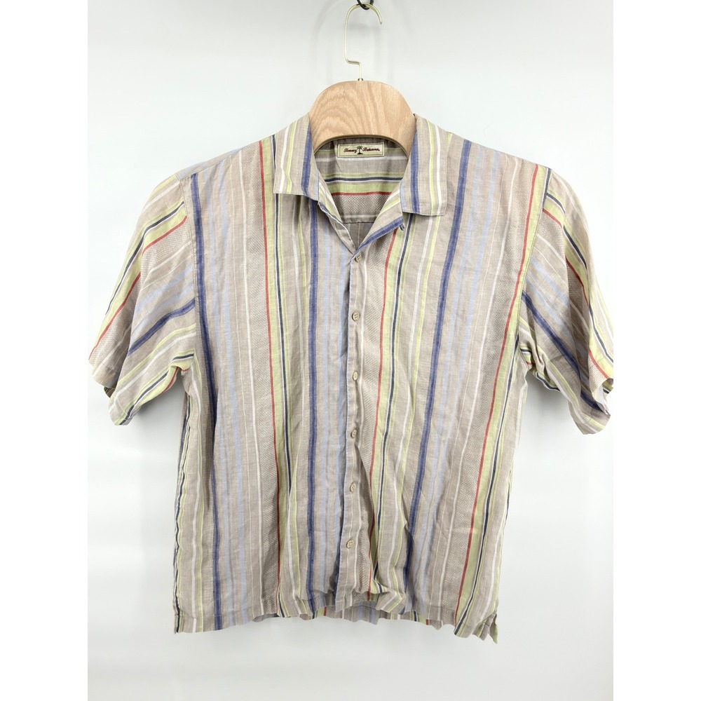 Tommy Bahama Men XL 100%‎ Linen Shirt Striped Short Sleeve Button Up Casual Camp